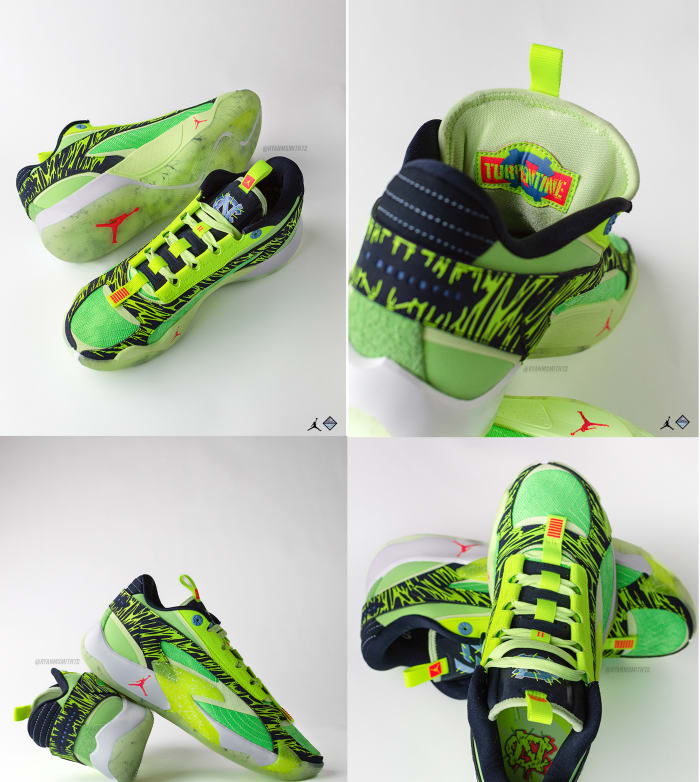 Luka Doncic's green and yellow Jordan Brand sneakers.